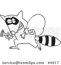 Cartoon Black and White Line Drawing of a Raccoon Thief by Toonaday
