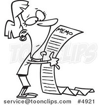 Cartoon Black and White Line Drawing of a Business Woman Reading a Long Memo by Toonaday