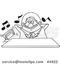 Cartoon Black and White Line Drawing of a Lazy Boss Listening to Loud Music by Toonaday