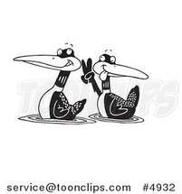 Cartoon Black and White Line Drawing of a Pair of Loons by Toonaday