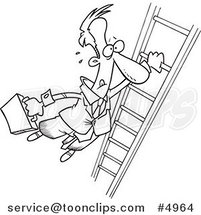 Cartoon Black and White Line Drawing of a Business Man Holding onto a Ladder with One Hand by Toonaday