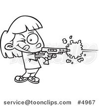 Cartoon Black and White Line Drawing of a Girl Playing Laser Tag by Toonaday