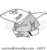 Cartoon Black and White Line Drawing of a Business Land Shark by Toonaday