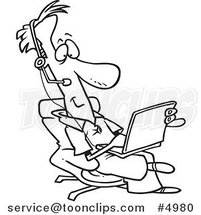Cartoon Black and White Line Drawing of a Business Man Wearing a Headset and Using a Laptop by Toonaday