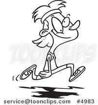 Cartoon Black and White Line Drawing of a Happy Lady Jogger by Toonaday