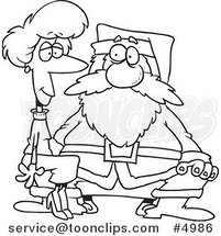 Cartoon Black and White Line Drawing of an Adult Lady Sitting on Santas Lap by Toonaday