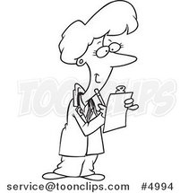 Cartoon Black and White Line Drawing of a Female Doctor Taking Notes by Toonaday