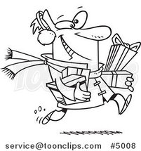 Cartoon Black and White Line Drawing of a Last Minute Christmas Shopper Carrying Gifts by Toonaday