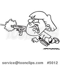 Cartoon Black and White Line Drawing of a Girl Shooting a Gun and Playing Laser Tag by Toonaday