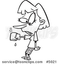 Cartoon Black and White Line Drawing of a Business Woman Pouring the Last Drop of Coffee by Toonaday