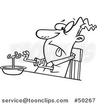 Cartoon Black and White Disgusted Guy with a Chicken Leg in a Soup Bowl by Toonaday
