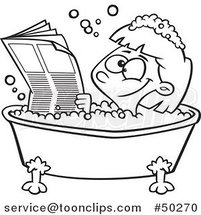 Cartoon Black and White Happy Girl Reading the Newspaper in a Bath Tub by Toonaday