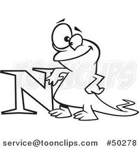Cartoon Black and White Happy Newt Leaning on the Letter N by Toonaday