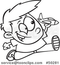 Cartoon Black and White Boy Running and Playing with a Toy Jet by Toonaday