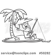 Cartoon Black and White Boy Fishing on a Tropical Island by Toonaday