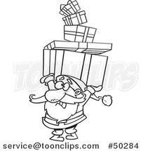 Cartoon Black and White Santa Holding a Stack of Christmas Gifts over His Head by Toonaday