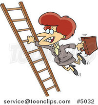 Cartoon Business Woman Holding onto a Ladder with One Hand by Toonaday