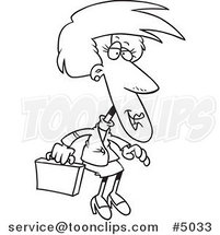 Cartoon Black and White Line Drawing of a Female Executive with a Briefcase by Toonaday