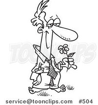 Cartoon Coloring Page Line Art of a Blissful Guy Standing Barefoot and Holding a Flower by Toonaday