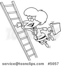 Cartoon Black and White Line Drawing of a Business Woman Holding onto a Ladder with One Hand by Toonaday