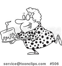 Cartoon Coloring Page Line Art of a Happy Grandma Carrying a Birthday Cake by Toonaday