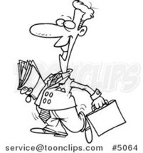 Cartoon Black and White Line Drawing of a Lawyer Carrying Files by Toonaday