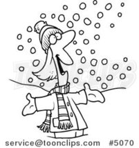Cartoon Black and White Line Drawing of a Happy Lady in the Snow by Toonaday