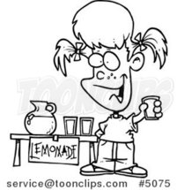 Cartoon Black and White Line Drawing of a Little Girl Selling Lemonade by Toonaday