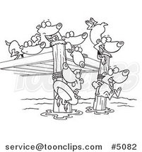 Cartoon Black and White Line Drawing of Swimming Lemmings by Toonaday