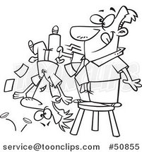 Cartoon Outlined Guy Standing on a Stool and Shaking Money from a Guys Pockets by Toonaday