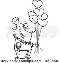 Cartoon Outlined Happy Guy Holding out Valentine Heart Balloons by Toonaday