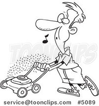 Cartoon Black and White Line Drawing of a Guy Whistling and Mowing His Lawn by Toonaday