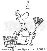 Cartoon Black and White Line Drawing of a Guy Raking Leaves, Watching yet Another Fall by Toonaday