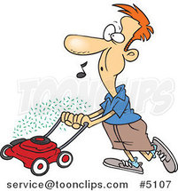 Cartoon Guy Whistling and Mowing His Lawn by Toonaday