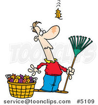 Cartoon Guy Raking Leaves, Watching yet Another Fall by Toonaday