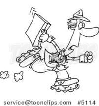 Cartoon Black and White Line Drawing of a Late Business Man Roller Blading to Work by Toonaday
