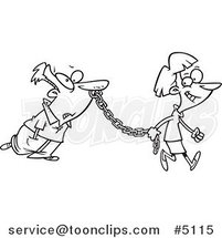 Cartoon Black and White Line Drawing of a Female Boss Leading Her Employee by Toonaday