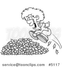 Cartoon Black and White Line Drawing of a Little Boy Jumping in Leaves by Toonaday