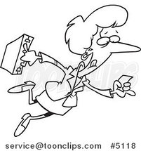 Cartoon Black and White Line Drawing of a Business Woman Running with a Lead by Toonaday