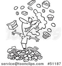 Cartoon Outlined Happy Lady Surrounded with Chocolate by Toonaday
