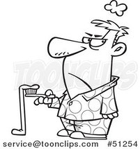 Cartoon Outlined Grumpy Guy with Bad Toothpaste Hanging off of His Brush by Toonaday