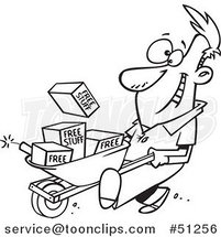 Cartoon Outlined Guy Pushing Dynamite and Free Stuff in a Wheelbarrow by Toonaday