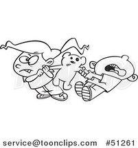 Cartoon Outlined Boy and Girl Quarreling over Sharing a Teddy Bear by Toonaday