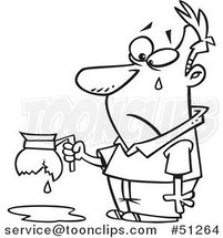 Cartoon Outlined Tearing Guy Holding a Broken Coffee Pot by Toonaday