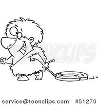 Cartoon Outlined Happy Caveman Dragging a Stone Wheel by Toonaday