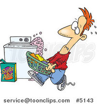 Cartoon Guy Carrying a Basket of Laundry by an Overflowing Washing Machine by Toonaday