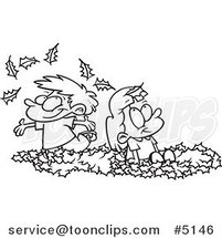 Cartoon Black and White Line Drawing of Kids Playing in Leaves by Toonaday