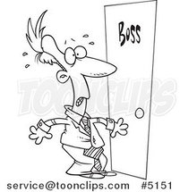 Cartoon Black and White Line Drawing of a Leary Business Man by a Door by Toonaday