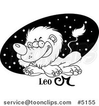 Cartoon Black and White Line Drawing of an Astrology Leo Lion over a Black Starry Oval by Toonaday