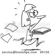 Cartoon Black and White Line Drawing of a Business Woman Running with Late Files by Toonaday